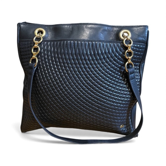 Bally Handbags - Bally Vintage Quilted Navy Lambskin Tote Bag with Gold Chain Details